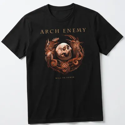 Intricate illustration of a skull and beast crest with Arch Enemy Will to Power text