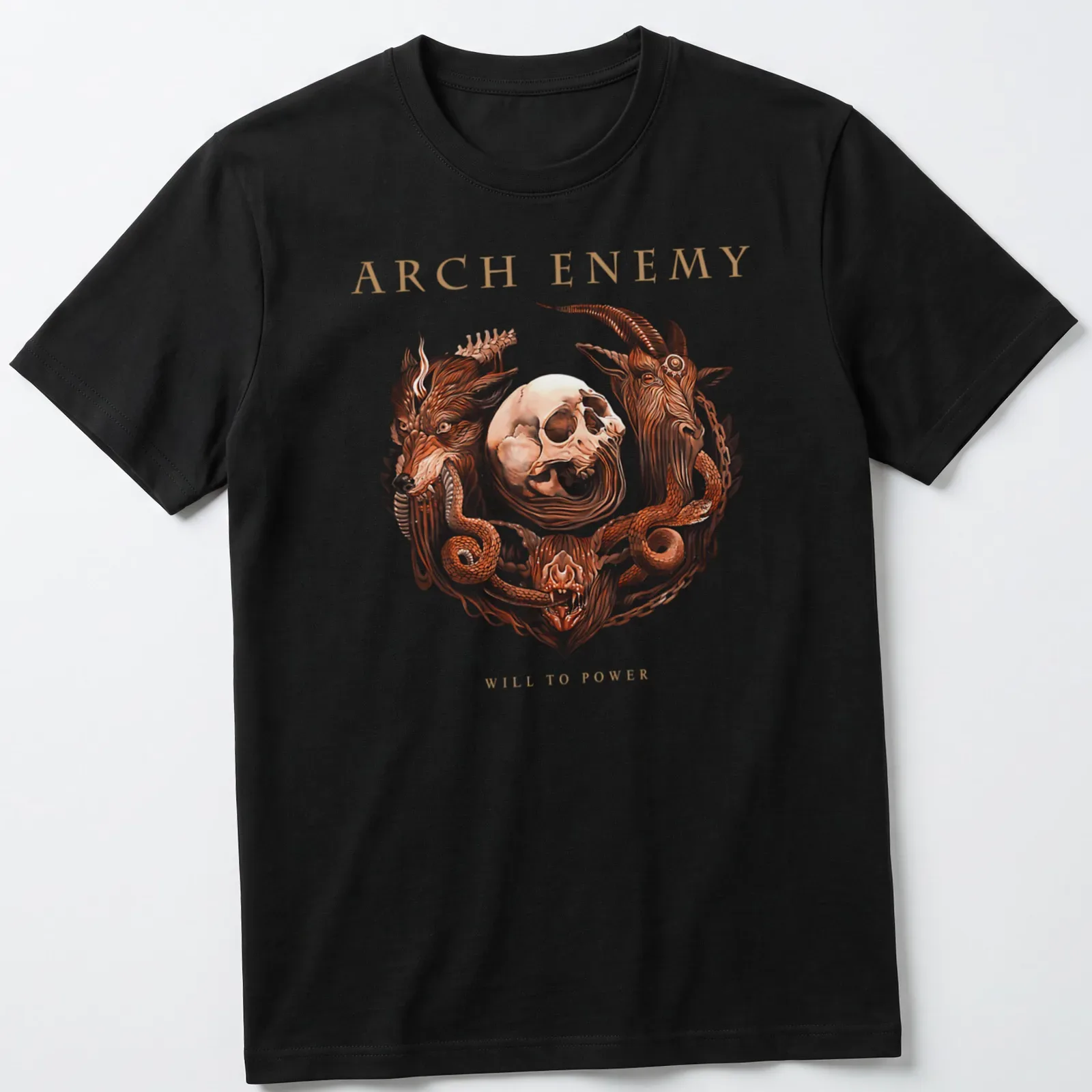 Intricate illustration of a skull and beast crest with Arch Enemy Will to Power text — printed on a unisex t-shirt