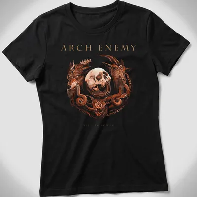 Intricate illustration of a skull and beast crest with Arch Enemy Will to Power text — printed on a women's shirt