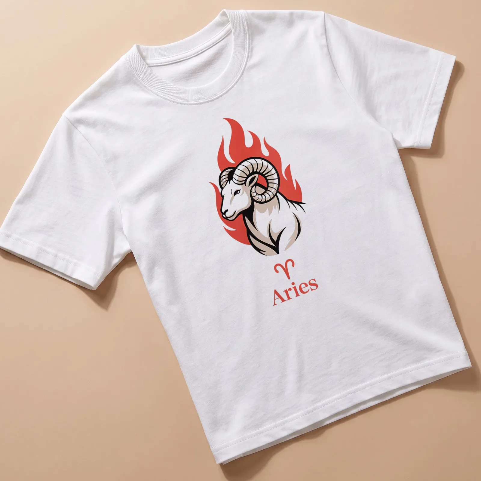 Illustration of fire ram with Aries printed in bold colors — printed on a unisex t-shirt