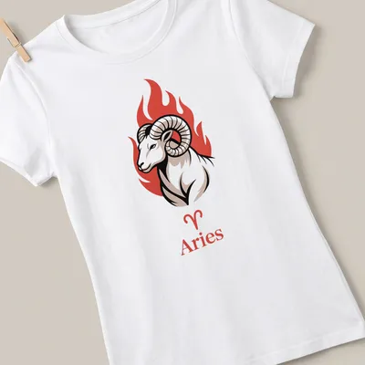 Illustration of fire ram with Aries printed in bold colors — printed on a women's shirt