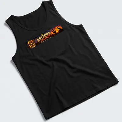 Vintage western Arizona jukebox t-shirt with colorful desert landscape — printed on a tank top