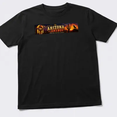 Vintage western Arizona jukebox t-shirt with colorful desert landscape