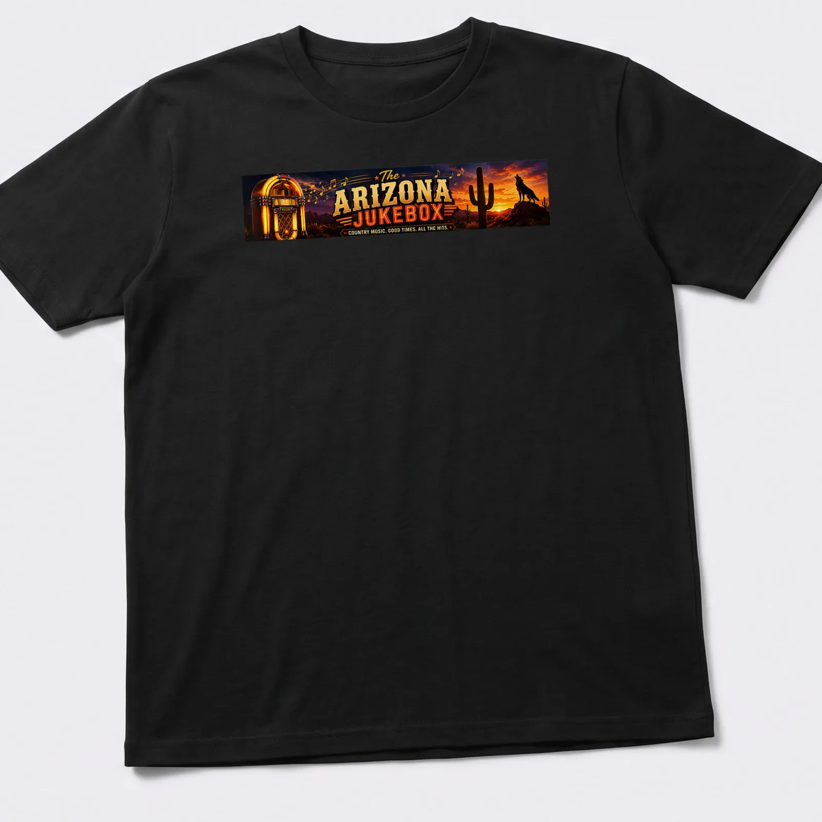 Vintage western Arizona jukebox t-shirt with colorful desert landscape — printed on a unisex t-shirt