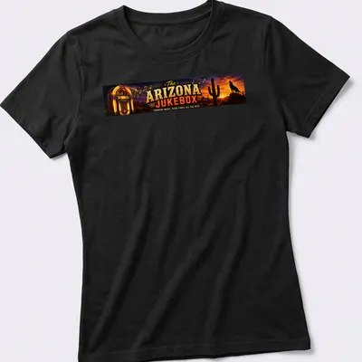 Vintage western Arizona jukebox t-shirt with colorful desert landscape — printed on a women's shirt