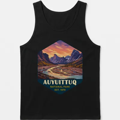 Vibrant landscape design of Auyuittuq National Park with text established 1976 — printed on a tank top