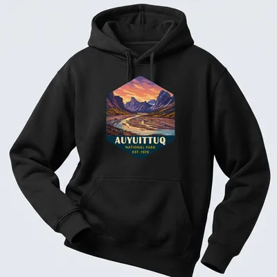 Vibrant landscape design of Auyuittuq National Park with text established 1976 — printed on a unisex hoodie