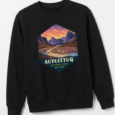 Vibrant landscape design of Auyuittuq National Park with text established 1976 — printed on a unisex sweatshirt