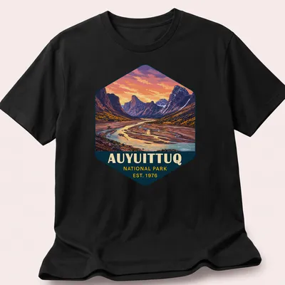 Vibrant landscape design of Auyuittuq National Park with text established 1976