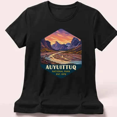 Vibrant landscape design of Auyuittuq National Park with text established 1976 — printed on a women's shirt