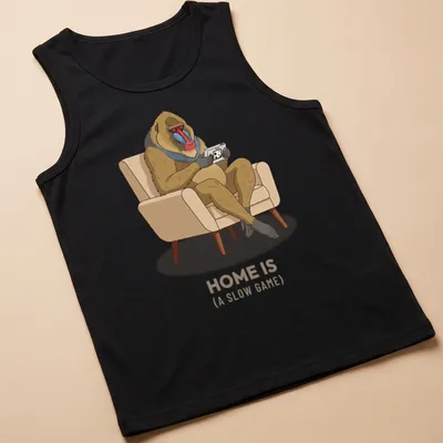Cartoon baboon playing a handheld game console with humorous text — printed on a tank top