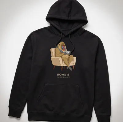 Cartoon baboon playing a handheld game console with humorous text — printed on a unisex hoodie