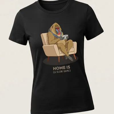 Cartoon baboon playing a handheld game console with humorous text — printed on a women's shirt