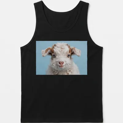 Photorealistic t-shirt design featuring a playful baby goat in white and brown against a light blue background. — printed on a tank top