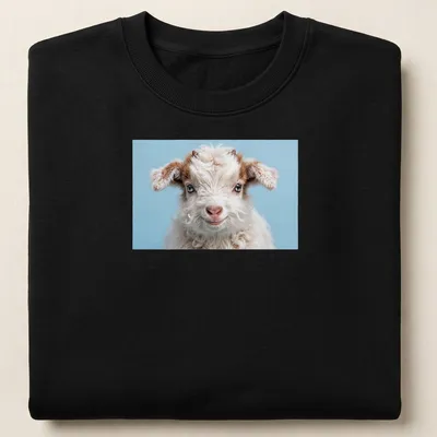 Photorealistic t-shirt design featuring a playful baby goat in white and brown against a light blue background. — printed on a unisex sweatshirt