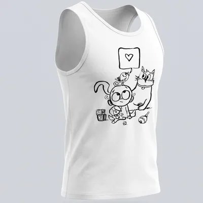 Kawaii design with a baby surrounded by a dog, cat, and bird, featuring a heart symbol — printed on a tank top