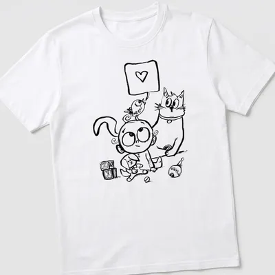 Kawaii design with a baby surrounded by a dog, cat, and bird, featuring a heart symbol