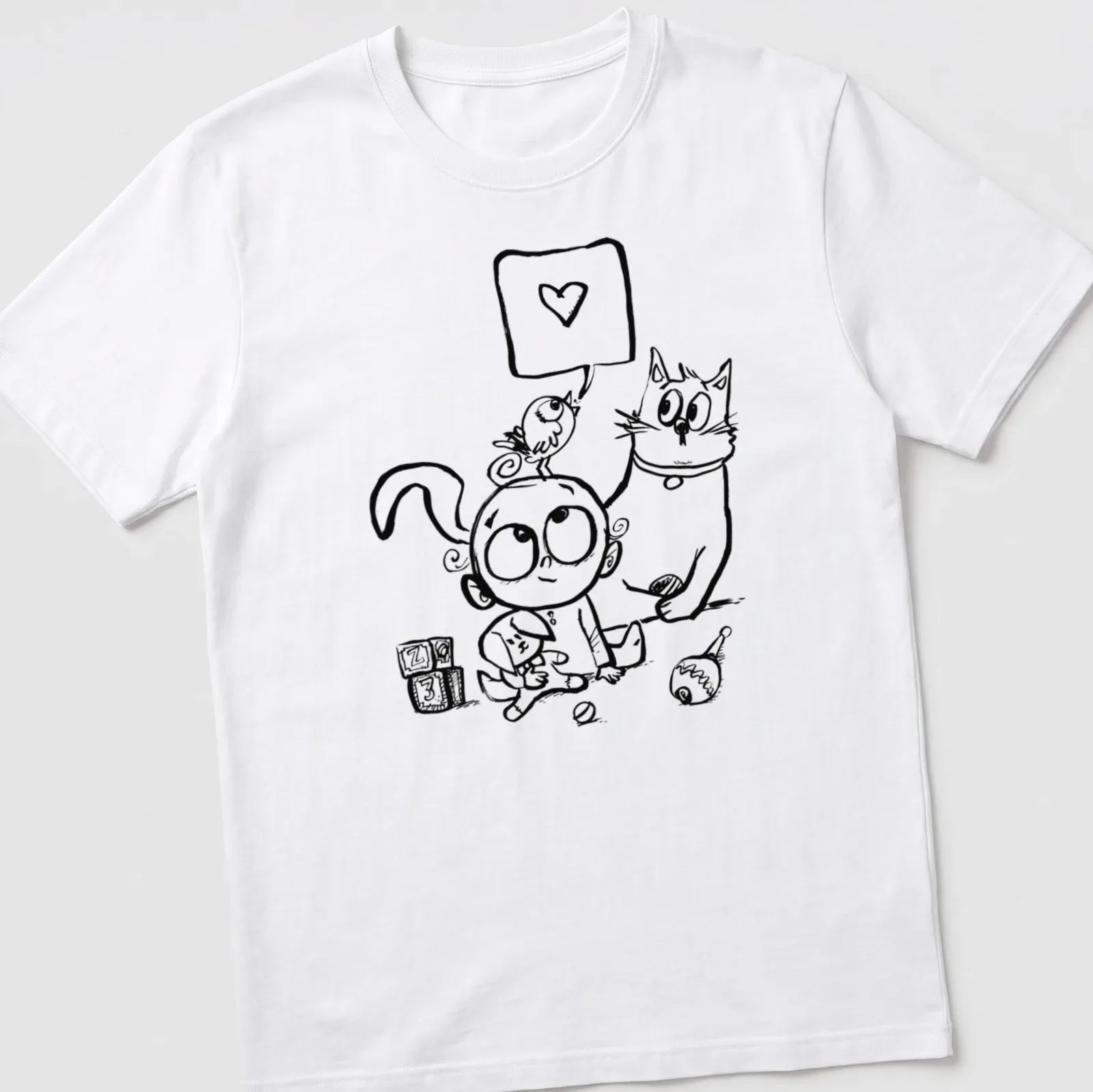 Kawaii design with a baby surrounded by a dog, cat, and bird, featuring a heart symbol — printed on a unisex t-shirt