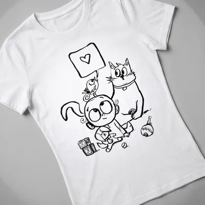 Kawaii design with a baby surrounded by a dog, cat, and bird, featuring a heart symbol — printed on a women's shirt