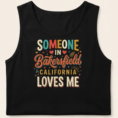 Playful retro T-shirt showcasing love for Bakersfield, California in bold lettering. — printed on a tank top