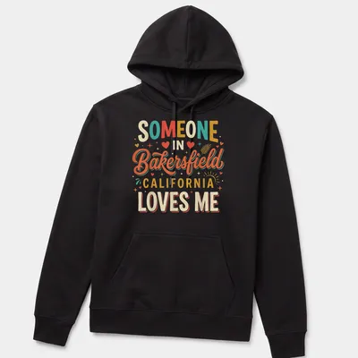Playful retro T-shirt showcasing love for Bakersfield, California in bold lettering. — printed on a unisex hoodie