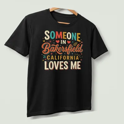Playful retro T-shirt showcasing love for Bakersfield, California in bold lettering. — printed on a unisex t-shirt (angled view)