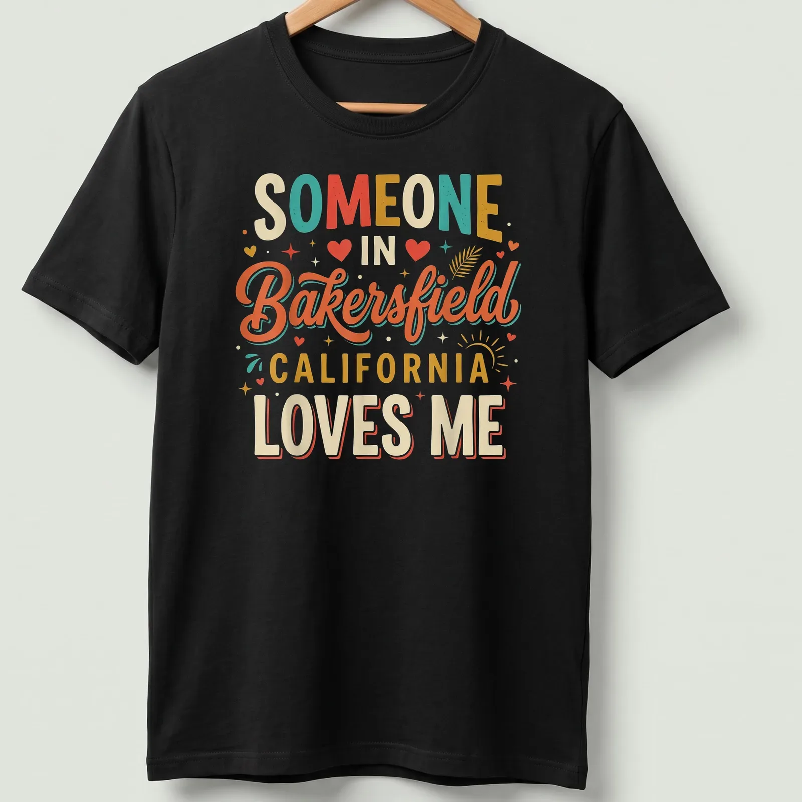 Playful retro T-shirt showcasing love for Bakersfield, California in bold lettering. — printed on a unisex t-shirt