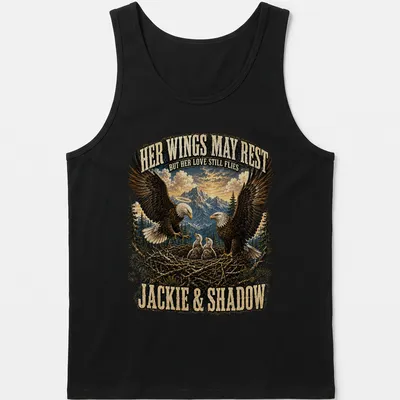 Realistic Bald Eagle family illustration with detailed colors and heartfelt text — printed on a tank top