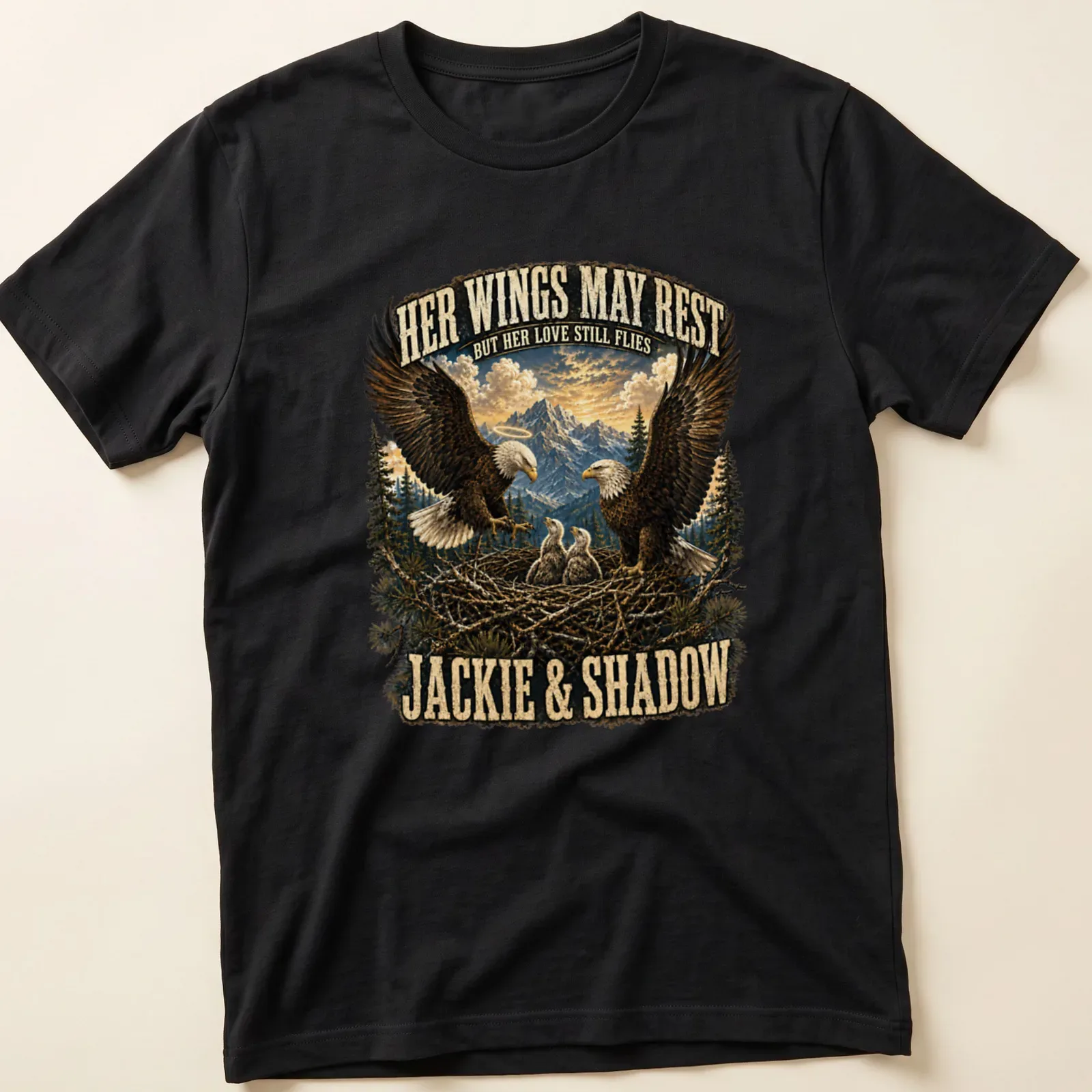 Realistic Bald Eagle family illustration with detailed colors and heartfelt text — printed on a unisex t-shirt