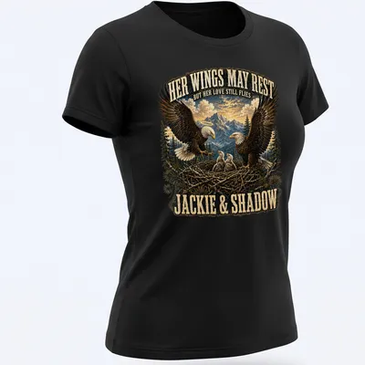 Realistic Bald Eagle family illustration with detailed colors and heartfelt text — printed on a women's shirt