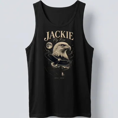 Detailed illustration of a Bald Eagle with text honoring Jackie Fly Free — printed on a tank top