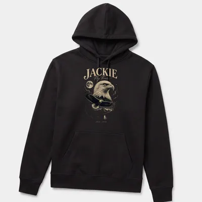 Detailed illustration of a Bald Eagle with text honoring Jackie Fly Free — printed on a unisex hoodie