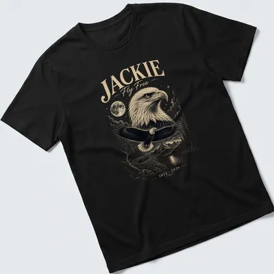Detailed illustration of a Bald Eagle with text honoring Jackie Fly Free