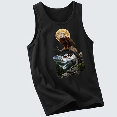 Realistic bald eagle in flight with the text 'Jackie FLY FREE' on a memorial — printed on a tank top