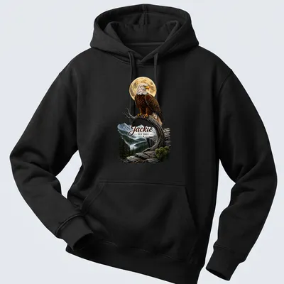 Realistic bald eagle in flight with the text 'Jackie FLY FREE' on a memorial — printed on a unisex hoodie