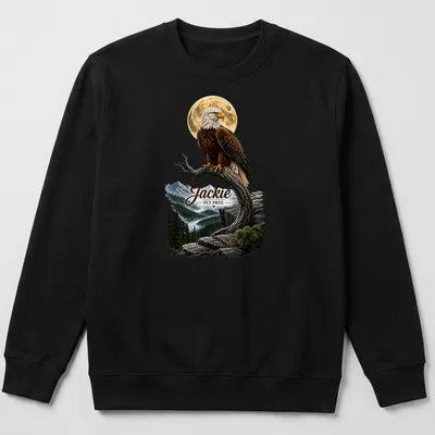 Realistic bald eagle in flight with the text 'Jackie FLY FREE' on a memorial — printed on a unisex sweatshirt