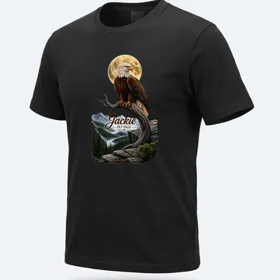 Realistic bald eagle in flight with the text 'Jackie FLY FREE' on a memorial — printed on a unisex t-shirt