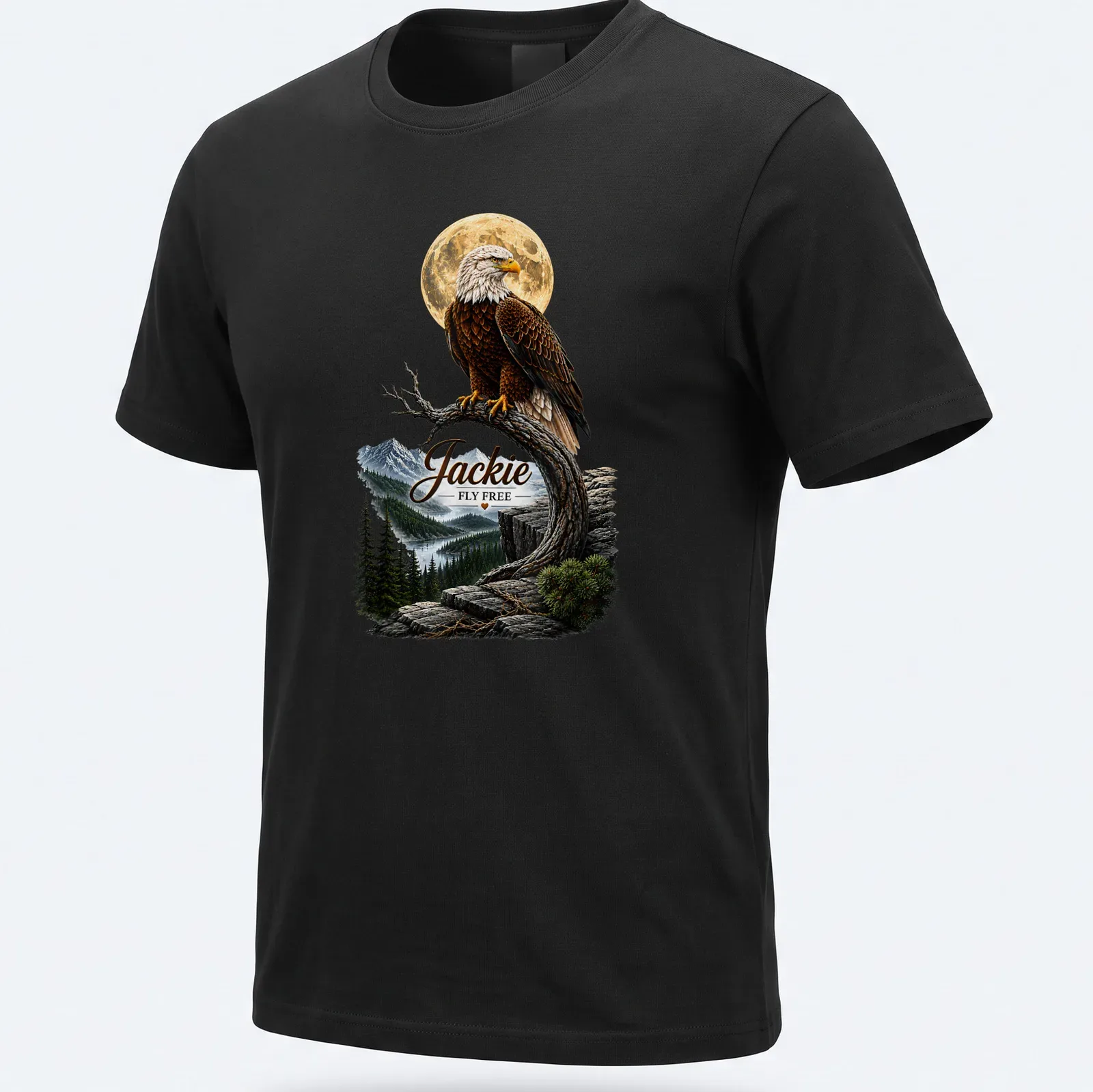 Realistic bald eagle in flight with the text 'Jackie FLY FREE' on a memorial — printed on a unisex t-shirt