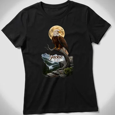 Realistic bald eagle in flight with the text 'Jackie FLY FREE' on a memorial — printed on a women's shirt