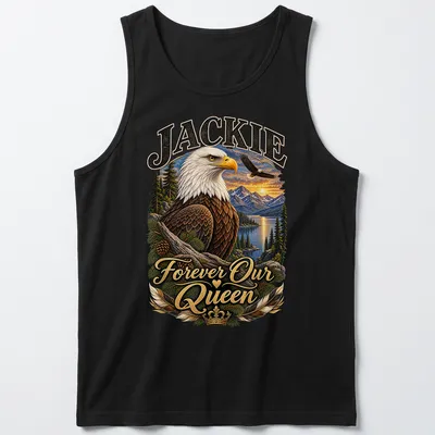 Realistic print of a bald eagle with text 'Jackie Forever Our Queen' in rich colors — printed on a tank top