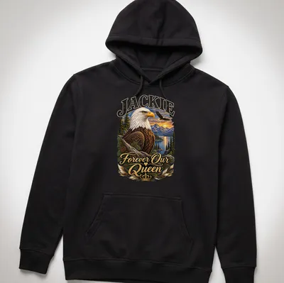 Realistic print of a bald eagle with text 'Jackie Forever Our Queen' in rich colors — printed on a unisex hoodie