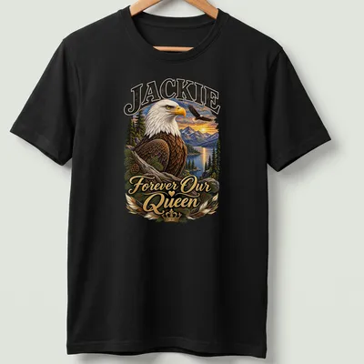 Realistic print of a bald eagle with text 'Jackie Forever Our Queen' in rich colors