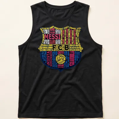 Typography print featuring Barcelona FC legends and crest in blue, yellow, red, and black — printed on a tank top