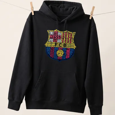 Typography print featuring Barcelona FC legends and crest in blue, yellow, red, and black — printed on a unisex hoodie