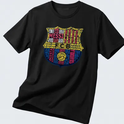 Typography print featuring Barcelona FC legends and crest in blue, yellow, red, and black