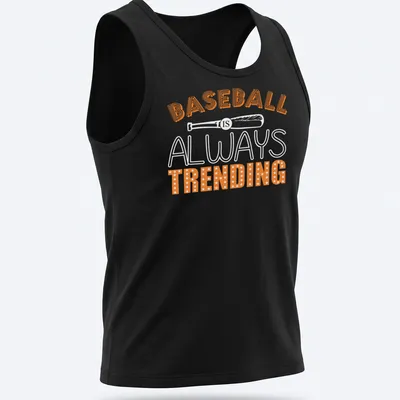 Bold retro Baseball Trending T-shirt with orange and white lettering — printed on a tank top