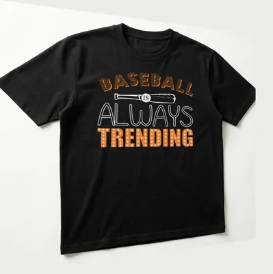Bold retro Baseball Trending T-shirt with orange and white lettering — printed on a unisex t-shirt (angled view)