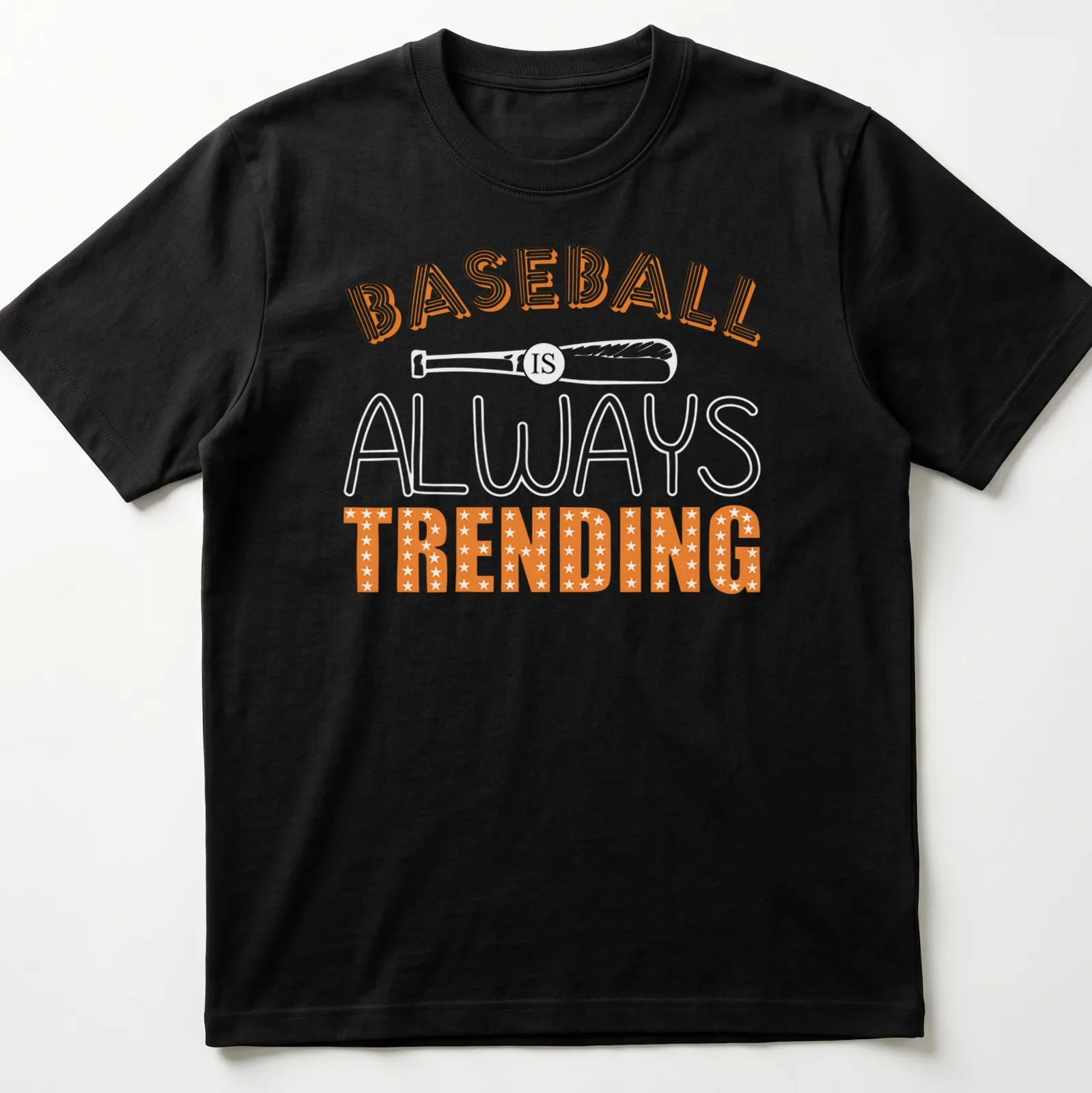 Bold retro Baseball Trending T-shirt with orange and white lettering — printed on a unisex t-shirt