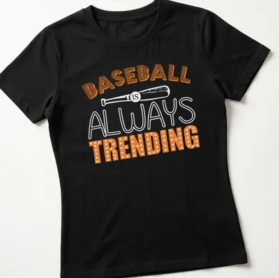Bold retro Baseball Trending T-shirt with orange and white lettering — printed on a women's shirt