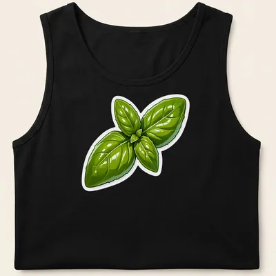 Cartoon illustration of vibrant green basil leaves on a — printed on a tank top